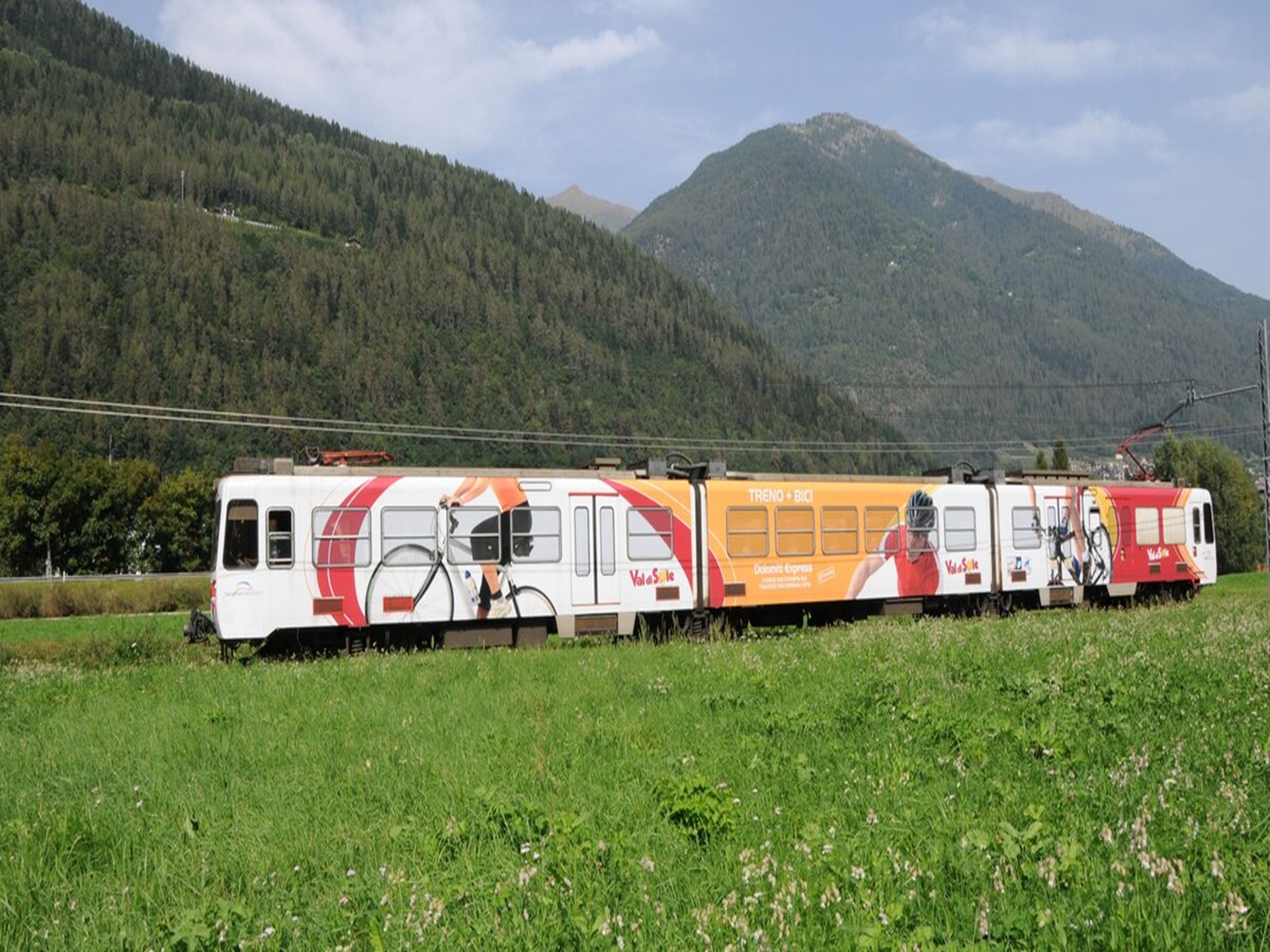 Il treno della Val di Sole tra meleti e montagne